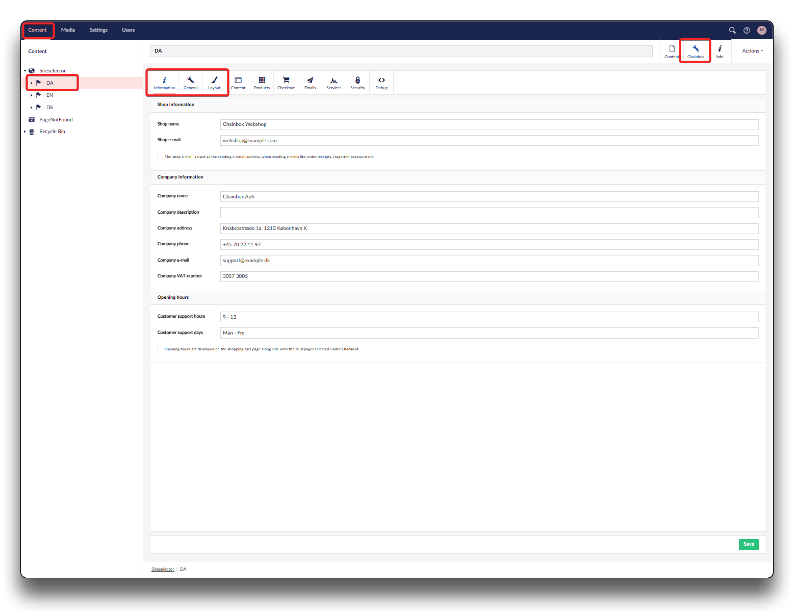 Information, general and layout settings - Chainbox Webshop documentation